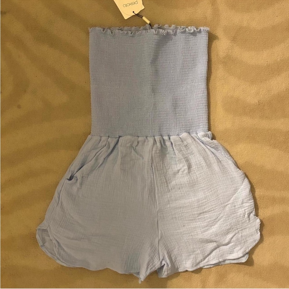 Peixoto Light Blue Smocked Strapless Romper